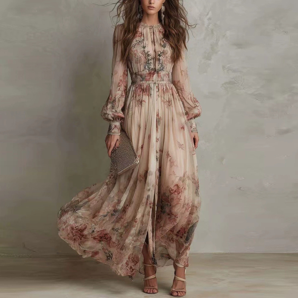 ZARA Fall Artsy Retro Print Cinched Waist Pleated Long Dress